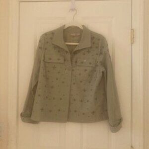 Chico's Denim Khaki Green Jacket, Size 1 brass studs, button closures, pockets
